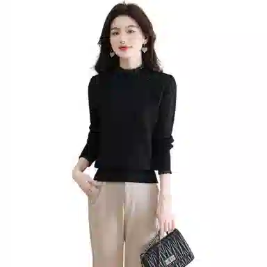 恒源祥 半高领花边蕾丝拼接打底纯色长袖针织衫 女款