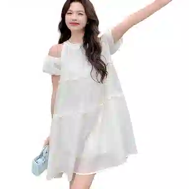 兰缪 法式设计感小众挂脖裙小个子纯欲露肩绑带圆领短袖连衣裙 女款