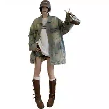 莫代尔 重工水洗复古中长宽松廓形牛仔外套 女款 做旧脏脏