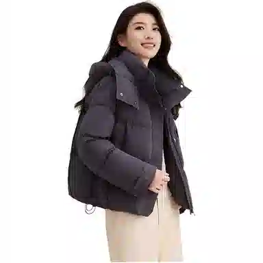 鸭鸭 纯色拉链短款长袖连帽羽绒服 女款