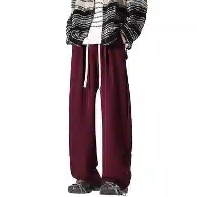 美式复古纯色基础款中腰拼接明线褶皱弯刀裤加绒加厚裤子宽松大码卫裤直筒阔腿休闲长裤简约百搭重磅垂感针织运动裤 男女同款