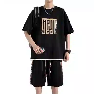 顶峰保罗 新中式国潮冰丝健身篮球圆领短袖短裤一整套无性别主义弹力松紧腰显高宽松加肥加大舒适百搭休闲运动套装 男女同款