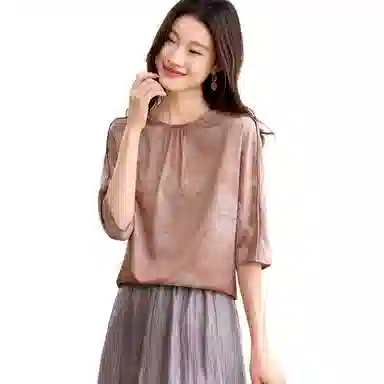 曲韩 复古印花圆领五分袖衬衫 女款