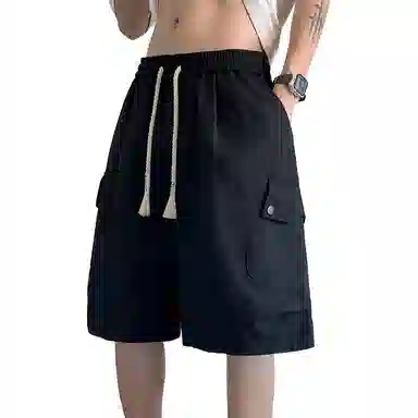 顶峰保罗 美式纯棉机能潮牌宽松百搭简约五分裤薄款透气无性别主义松紧腰直筒运动多口袋工装痞帅休闲短裤 男女同款