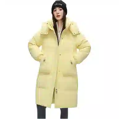 鸭鸭 纯色连帽口袋中长款长袖羽绒服 女款