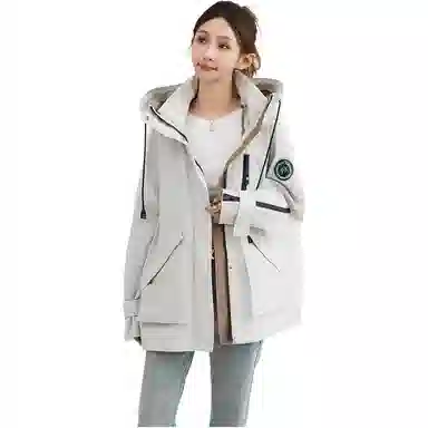 鸭鸭 纯色连帽中长款宽松夹克外套 女款