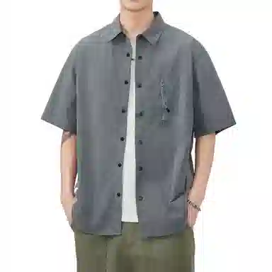 帝狼牛 美式户外撞色拼接复古做旧耐磨宽松休闲百搭舒适透气拉链口袋工装短袖衬衫 男女同款