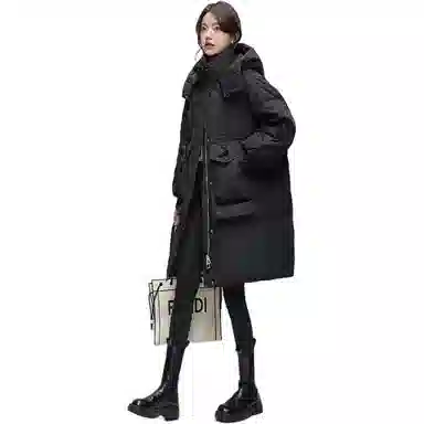 鸭鸭 纯色口袋连帽宽松中长款羽绒服 女款