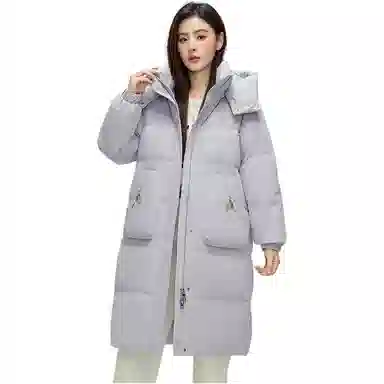 鸭鸭 纯色连帽口袋中长款长袖羽绒服 女款