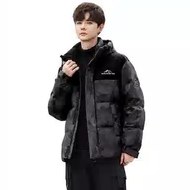 鸭鸭 青年时尚韩版潮流短款连帽户外运动休闲百搭防寒保暖迷彩面包羽绒服 男女同款