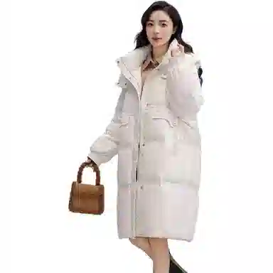 鸭鸭 纯色连帽口袋中长款休闲长袖羽绒服 女款