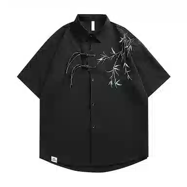 顶峰保罗 新中式竹子盘扣薄款国风宽松百搭无性别主义垂感休闲复古肌理感刺绣痞帅潮牌透气短袖衬衫 男女同款