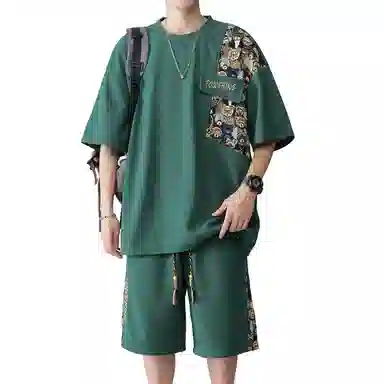 哲源 复古潮牌小熊拼接港风华夫格宽松落肩袖套头圆领薄款短袖时尚简约百搭短裤休闲运动套装 男女同款