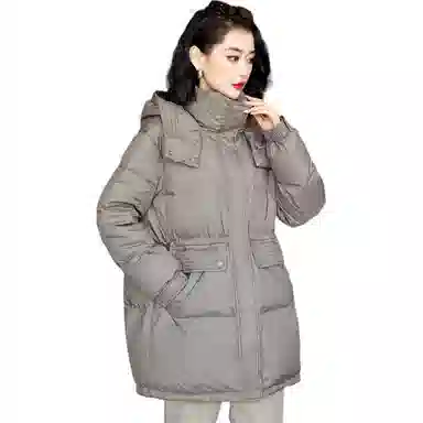 鸭鸭 纯色连帽中长款宽松羽绒服 女款