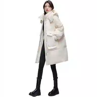 鸭鸭 纯色口袋连帽宽松中长款羽绒服 女款