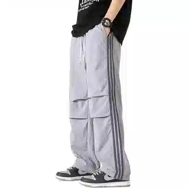 美式侧条纹织带褶皱宽松直筒运动降落伞兵休闲裤 男女同款