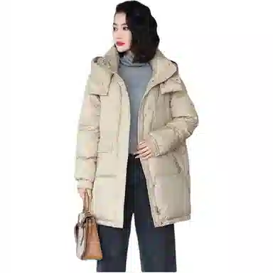 鸭鸭 纯色连帽中长款宽松羽绒服 女款