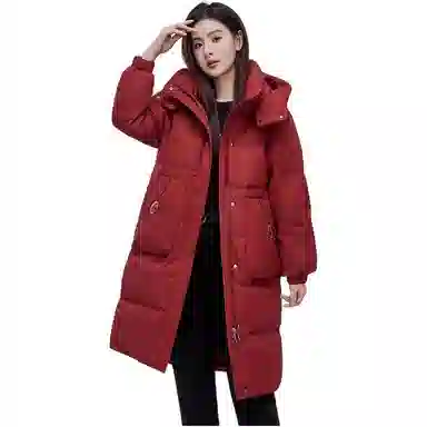 鸭鸭 纯色连帽口袋中长款长袖羽绒服 女款