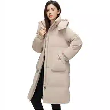 鸭鸭 纯色连帽口袋中长款长袖羽绒服 女款