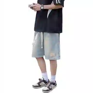 羽浅 工装五分裤水洗做旧直筒宽松抽绳复古牛仔短裤 男女同款
