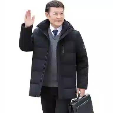 鸭鸭 中长款纯色连帽拉链长袖羽绒服 男款