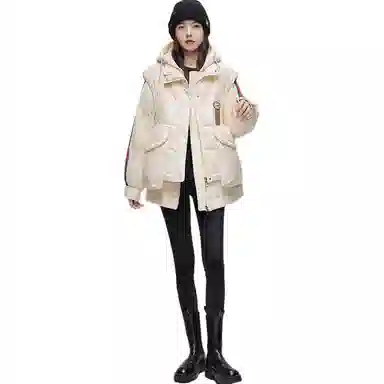 鸭鸭 条纹连帽拉链长袖羽绒服 女款