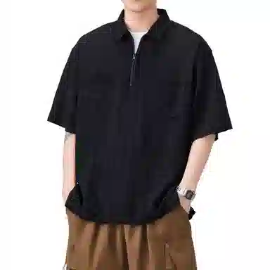 帝狼牛 美式复古潮牌肌理感国潮宽松透气百搭柔软舒适通勤户外纯棉口袋短袖衬衫 男女同款