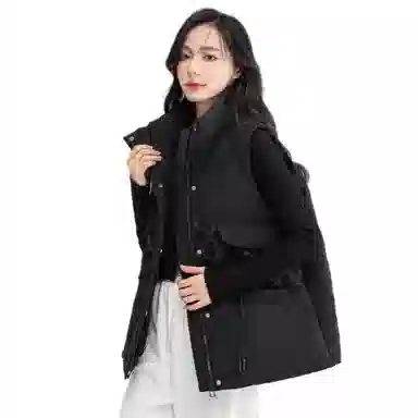 鸭鸭 纯色简约无袖立领羽绒服 女款 咖色