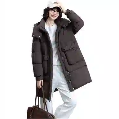 鸭鸭 时尚纯色口袋连帽中长款羽绒服 女款