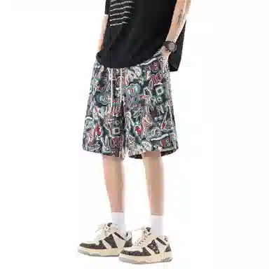 加荣 过膝涂鸦刺绣短裤男夏季轻薄透气潮牌青少年日常出行通勤百搭运动裤小众设计感大码宽松休闲松紧腰五分中裤外穿休闲短裤 男女同款