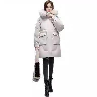 鸭鸭 纯色毛领连帽拉链中长款长袖羽绒服 女款