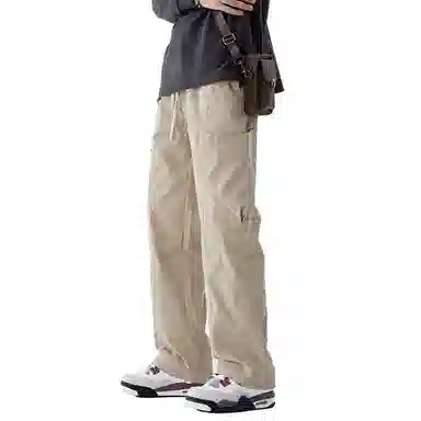 顶峰保罗 美式冰丝潮牌工装裤系带纯色无性别主义宽松中腰直筒百搭弹力显高阔腿垂感长裤休闲裤 男女同款