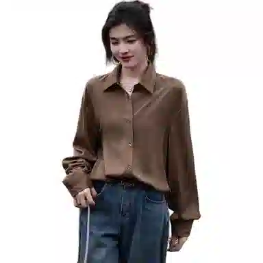 【dme】 纽扣纯色落肩长袖衬衫 女款 咖啡色