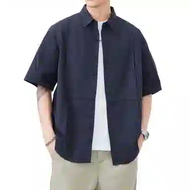 帝狼牛 纯色透气简约翻领轻便舒适时尚纽扣拼接设计感百搭短袖衬衫 男女同款