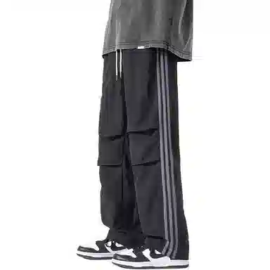 美式侧条纹织带褶皱宽松直筒运动降落伞兵休闲裤 男女同款