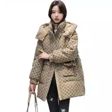鸭鸭 格子印花宽松连帽中长款羽绒服 女款
