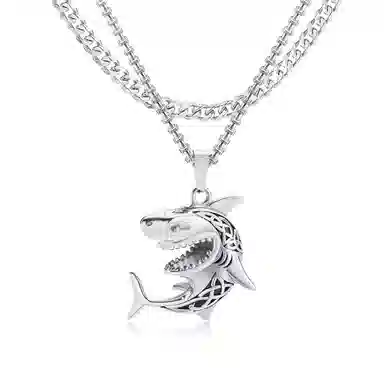 恋朵 时尚潮流项链两件套 小众高级感原创设计海王三叉戟六芒星鲨鱼钛钢项链情侣吊坠古巴链 男女同款 叠戴法则