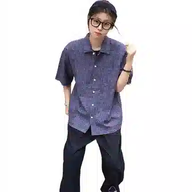 黑马漫画 美式格纹泡泡纱夏季薄款理肌感透气衬衣多巴胺情侣外套短袖衬衫 男女同款