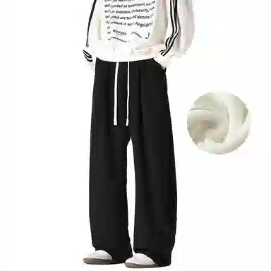 美式复古纯色基础款中腰拼接明线褶皱弯刀裤加绒加厚裤子宽松大码卫裤直筒阔腿休闲长裤简约百搭重磅垂感针织运动裤 男女同款