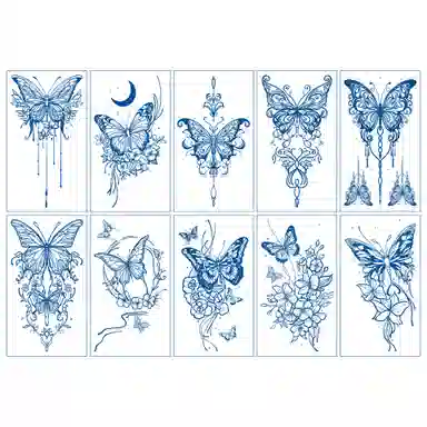 馨枕居  蝴蝶草本纹身贴高级感仿真刺青色花朵蓝色性感纹身贴纸