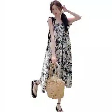 水中花 法式复古水墨画女夏季潮流时尚高级感海边度假小个子宽松显瘦气质裙子百搭舒适吊带连衣裙 女款 图片色