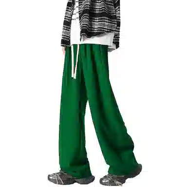 美式复古纯色基础款中腰拼接明线褶皱弯刀裤加绒加厚裤子宽松大码卫裤直筒阔腿休闲长裤简约百搭重磅垂感针织运动裤 男女同款