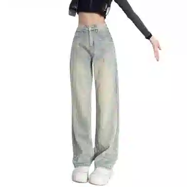 淑好百 有弹力宽松高腰直筒牛仔裤 女款 浅蓝色