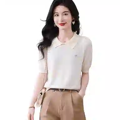 曲韩 拼色娃娃领植物花卉短袖圆领针织衫 女款
