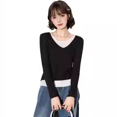 法文箱子 拼色假两件拼接长袖毛衣 女款