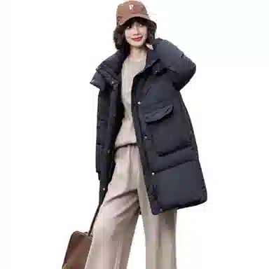 鸭鸭 时尚纯色口袋连帽中长款羽绒服 女款