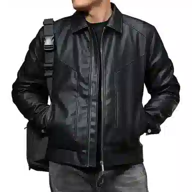 季言 翻领纯色百搭皮衣 男 黑色