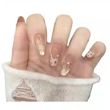 柚予颜 甜酷豹纹法式猫眼蝴蝶结高级美甲穿戴甲  长款粉色渐变 纯欲