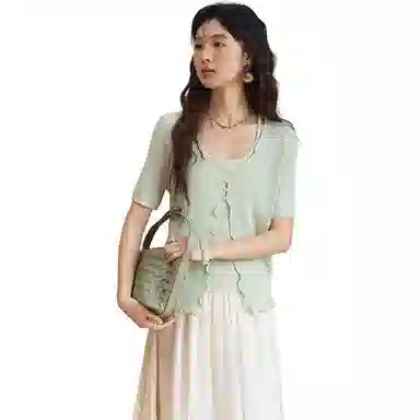 谜秀 薄荷绿短袖开衫纯色通勤针织衫 女款