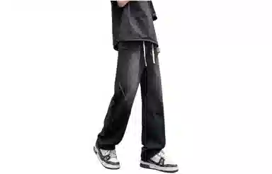 美式复古高街风显高显瘦垂感休闲阔腿经典百搭褶皱设计纯色基础款中腰潮流百搭抽绳宽松直筒裤做旧简约舒适系带牛仔裤 男女同款